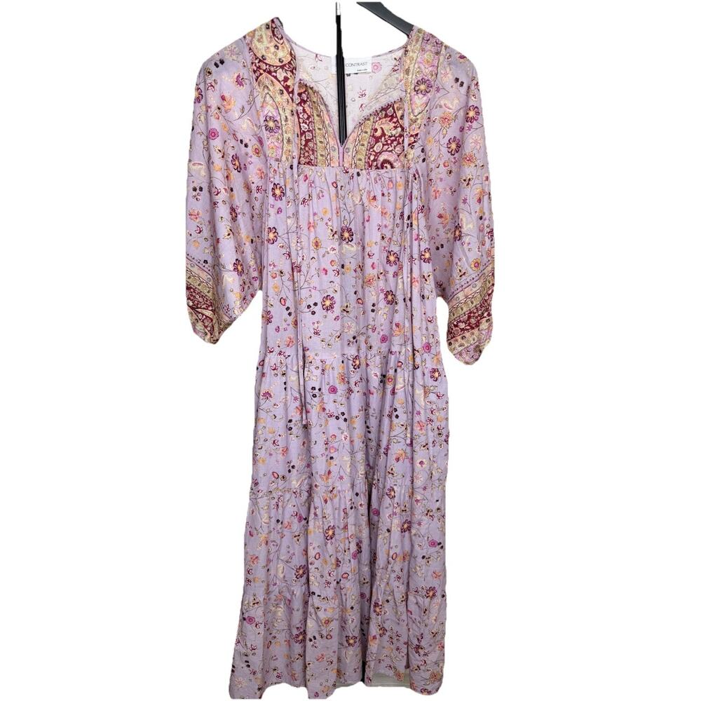 Anthropologie Self Contrast Midi Dress Women’s Sz M Cotton Floral Peasant USA - Picture 2 of 12